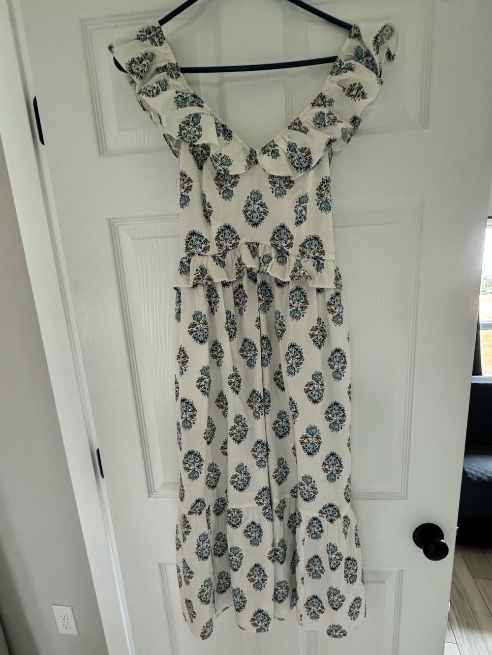 J. Crew Cream Midi Dress with Blue Floral Print